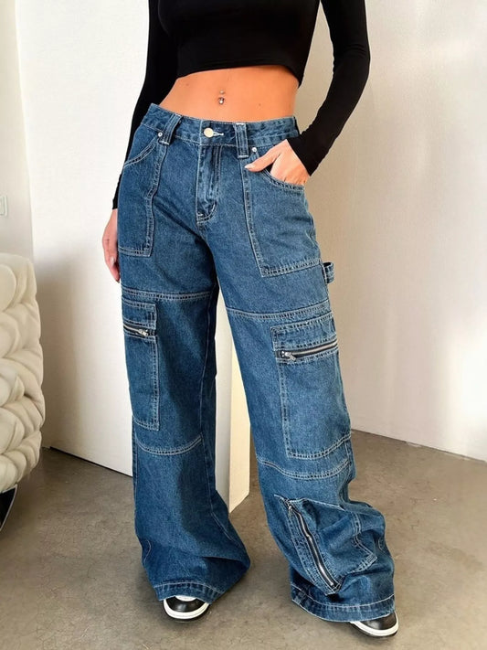 Zipper Pocket Wide Leg Cargo Jeans
