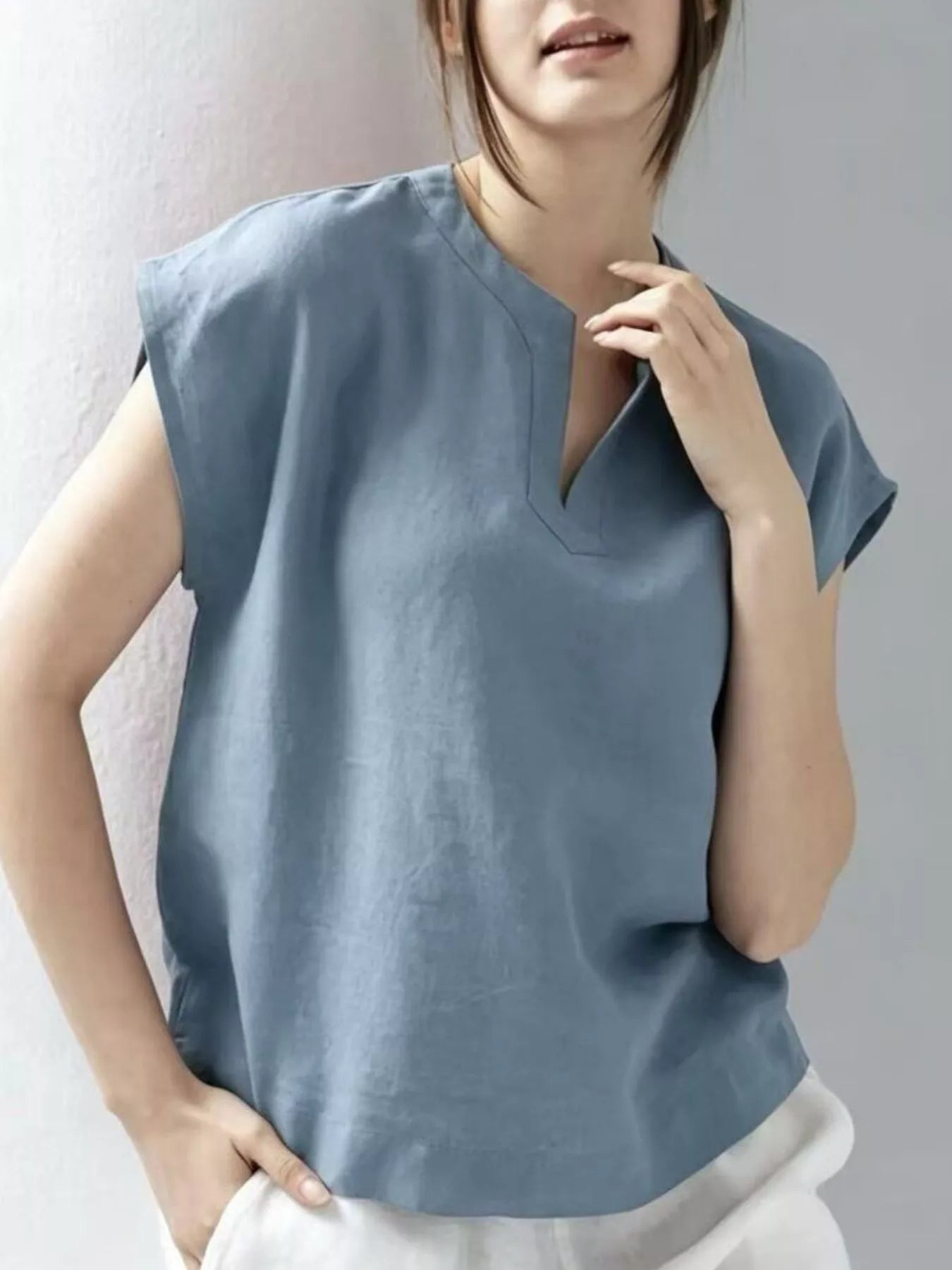 Notched Cap Sleeve Blouse