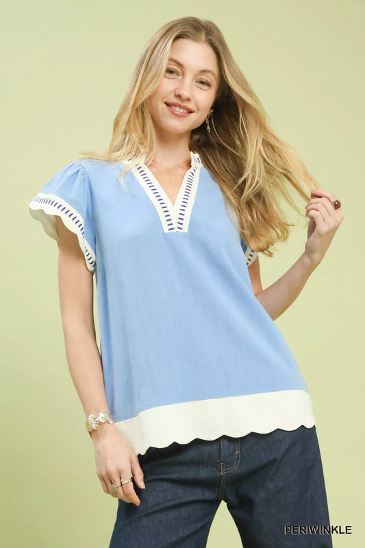 Umgee Contrast Scallop Trim Top