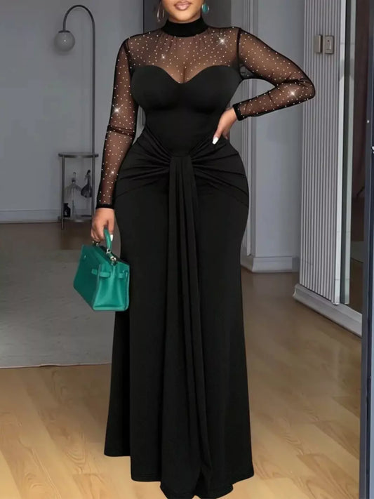 Mesh Mock Neck Long Sleeve Maxi Dress
