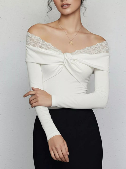 Lace Detail Off-Shoulder Long Sleeve Bodysuit