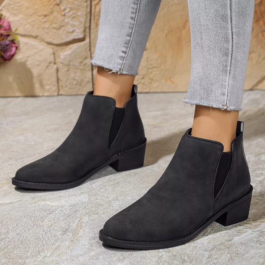 Point Toe Block Heels Ankle Boots