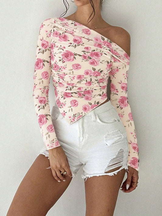 Floral Print One Shoulder Ruched Blouse