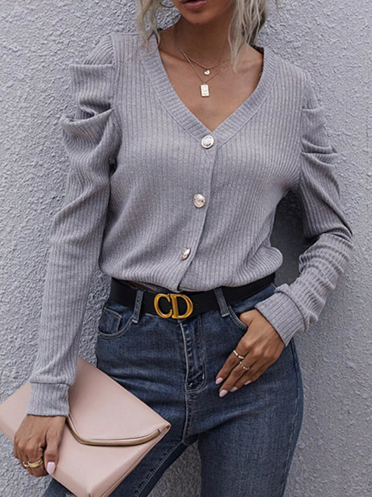 Ribbed V-Neck Button-Up Cardigan