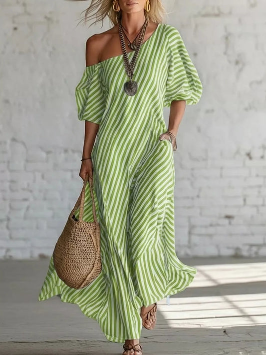 Full Size Striped One-Shoulder Casual Maxi Dress Plus Size