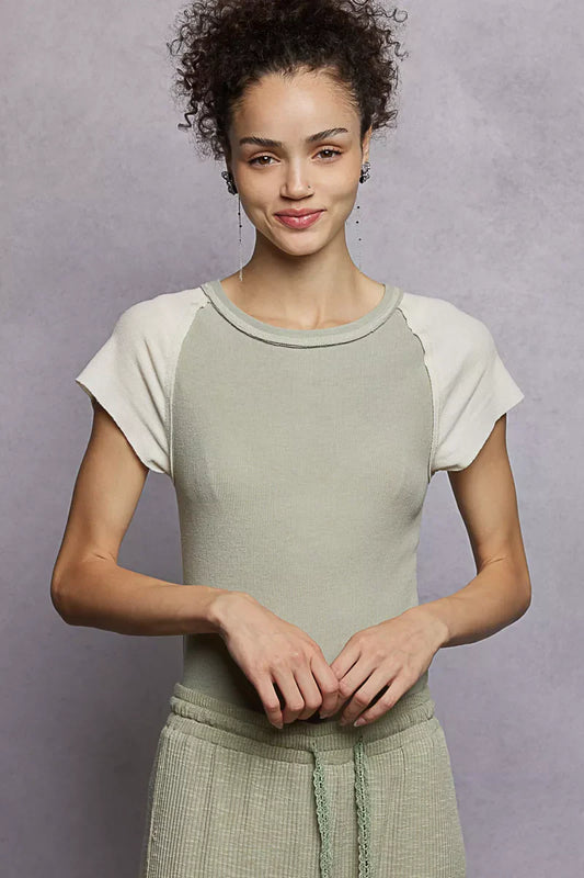 POL Round Neck Outseam Detail T-Shirt with Contrast Color Sleeves