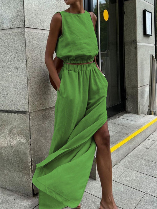 Sleeveless Crop Top and Slit Pants Set