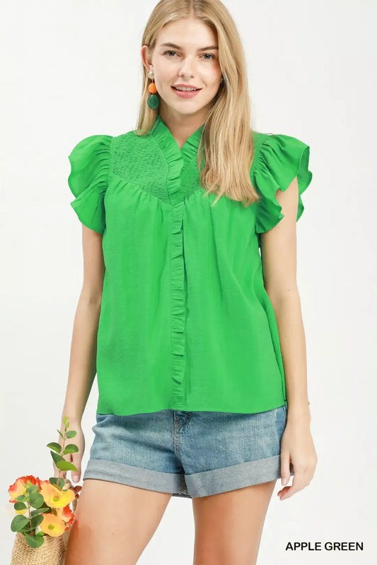 Smocked Yoke Ruffle Sleeve Blouse