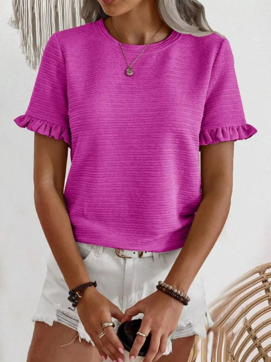 Textured Ruffle Sleeve Round Neck T-Shirt