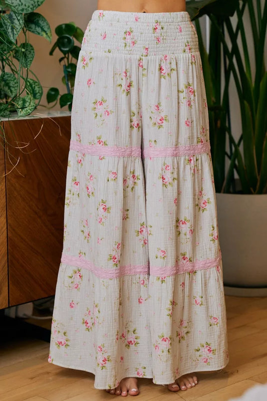 BiBi Rose Printed Gauze Trim Detail Smocked Maxi Pants