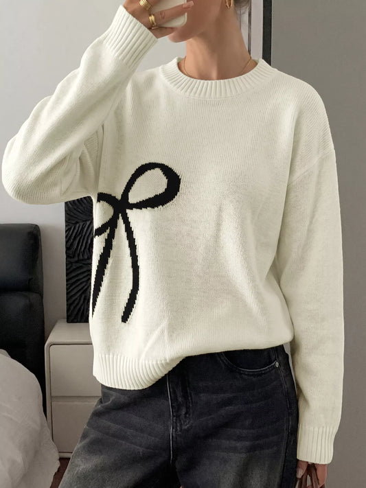 Bow Graphic Round Neck Sweater