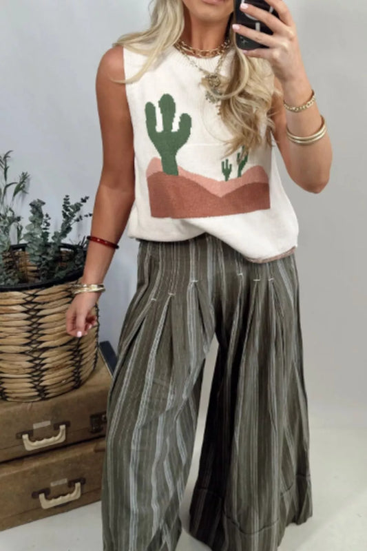 Multicolour Cactus Western Oasis Loose Sweater Vest