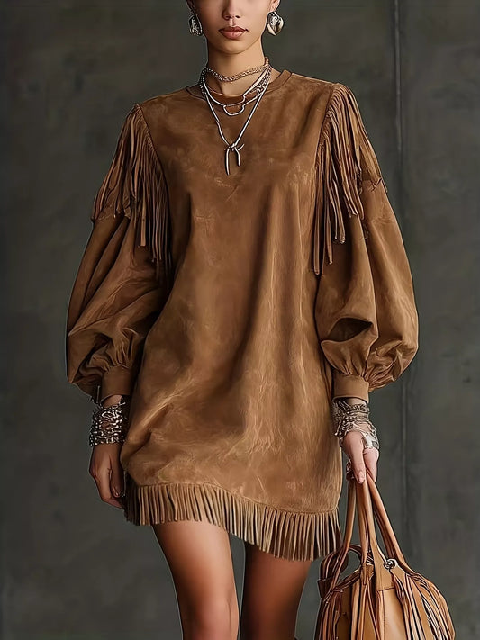 Suede Fringe Lantern Sleeve Mini Dress