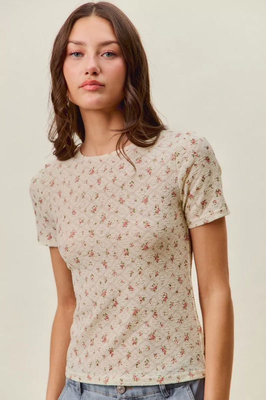 SO ME Floral Print Lace Short Sleeves Layering Knit Top