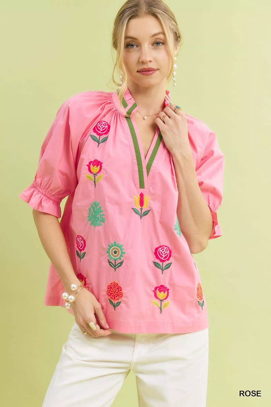 Umgee Embroidered Floral Top with Contrast Trim