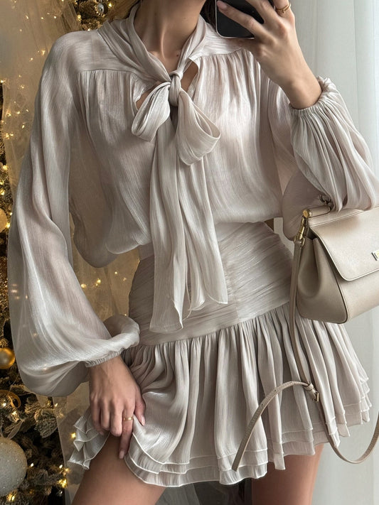 Bow-Tie Blouse and Ruched Mini Skirt Set