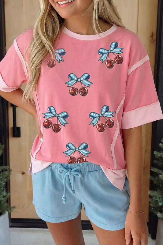 Raw Seam Color Block Sequin Cherry Graphic Casual Shift Top
