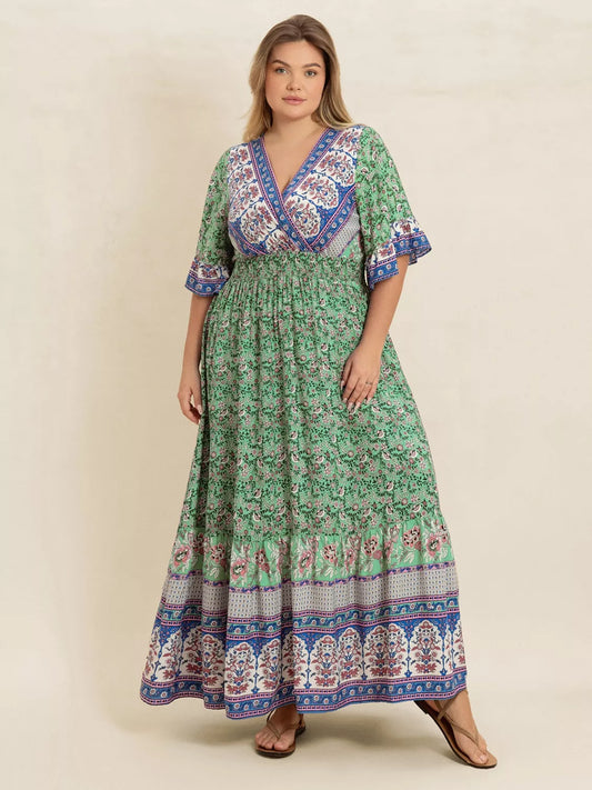 Plus Size Floral Print Smocked Waist Maxi Dress