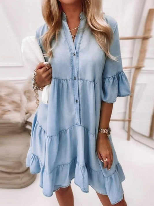 Ruffled Sleeve Button Front Mini Dress