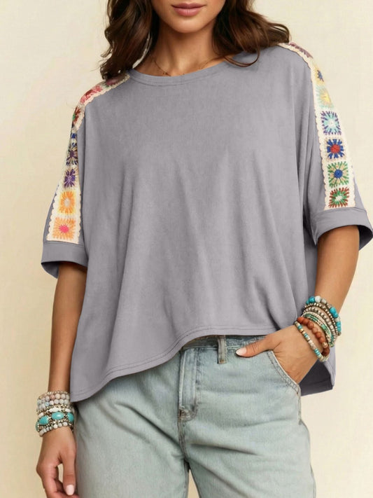 Square Crochet Detail Loose T Shirt