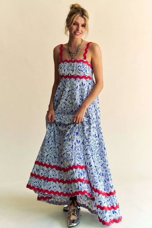 Davi & Dani Geo 2 Tone Printed Wavi Trim Tiered Maxi Dress