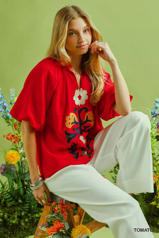 Umgee Embroidered Boho Puff Sleeve Blouse
