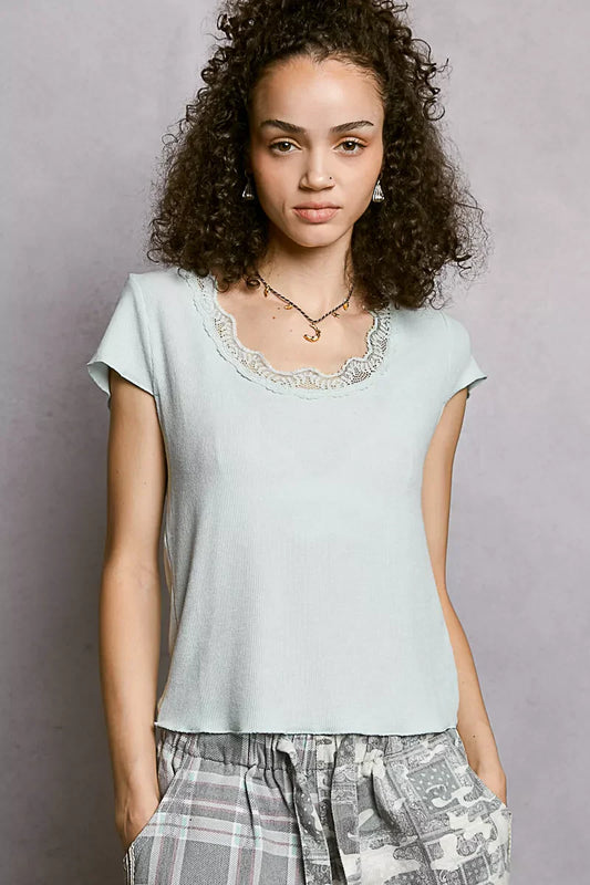 POL Round Neck Short Sleeve Crop T-Shirt with Lace Trim