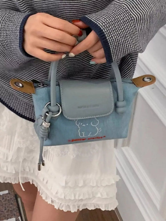 Puppy Embroidered Denim Handbag