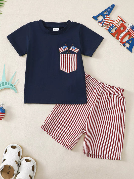 Children's American Flag Pocket T-Shirt and Striped Shorts Set