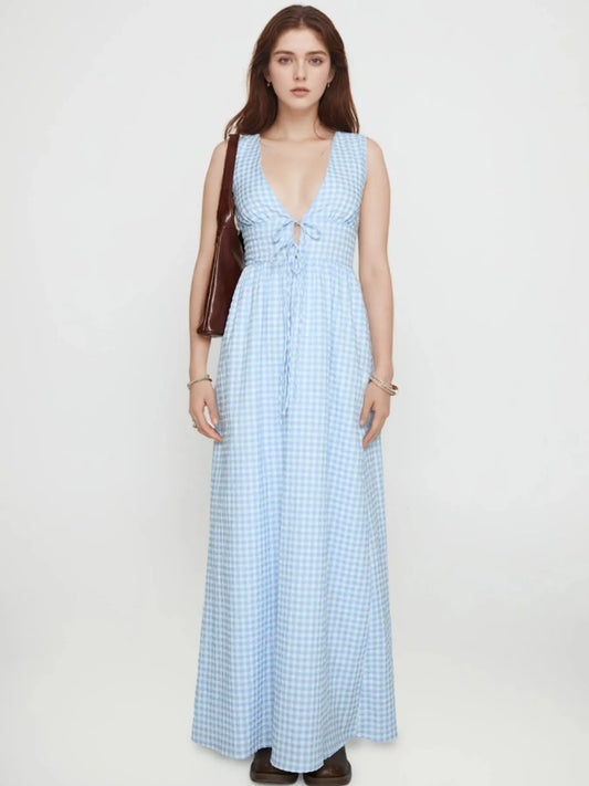 Plaid Tie Front Sleeveless Maxi Dress