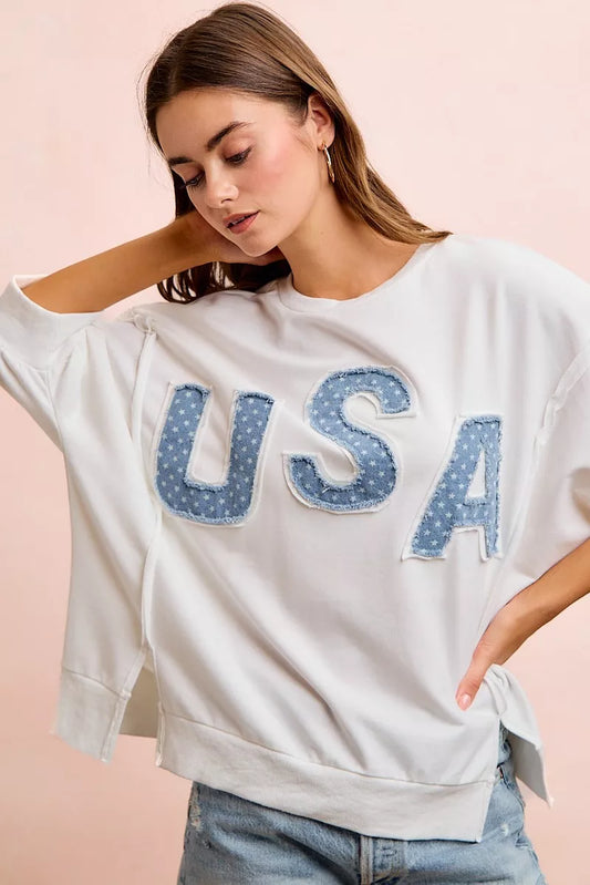 BiBi 4th Of July Usa Letter Patchwork French Terry Top