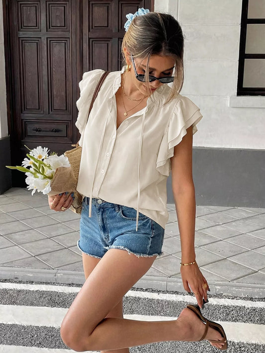 Ruffle Sleeve Tie-Neck Shirt