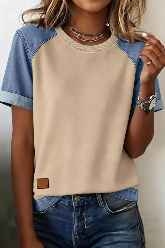 Denim Color Block Patchwork Round Neck Tee