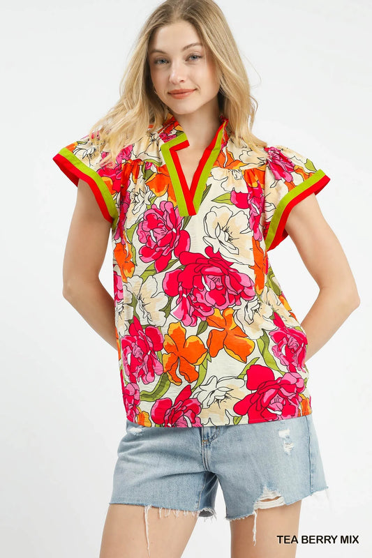Umgee Floral Print Blouse with Contrast Trim