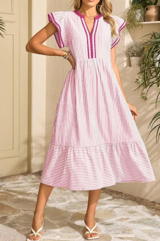 Striped Ruffle Sleeve Midi Dress