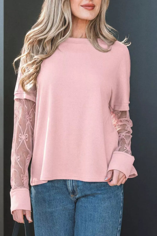 Solid Color Bow Textured Patchwork Long Sleeve Tee