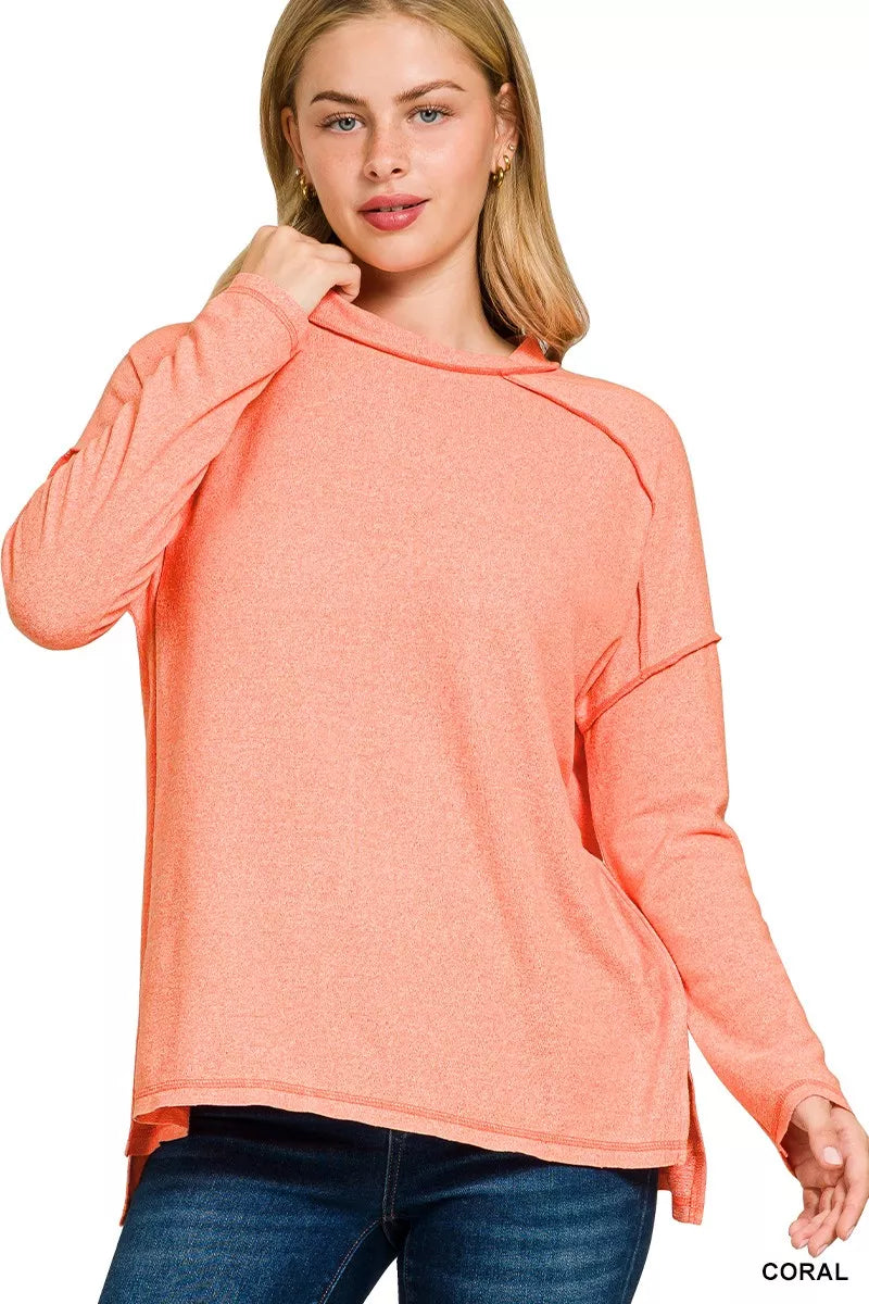 Zenana Full Size Melange Hacci Exposed Seam Hi-low Tee Plus Size