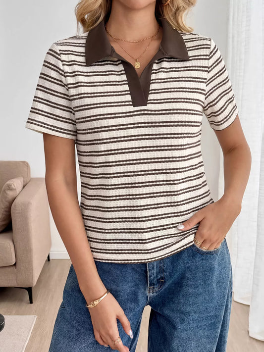 Striped Polo Collar Short Sleeve Top