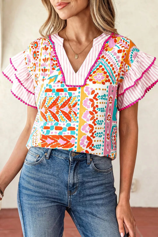 Mixed Print Contrast Trim Striped Patchwork Tiered Short Sleeve Blouse