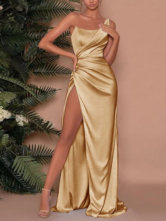 One-Shoulder Satin Maxi Dress with High Slit