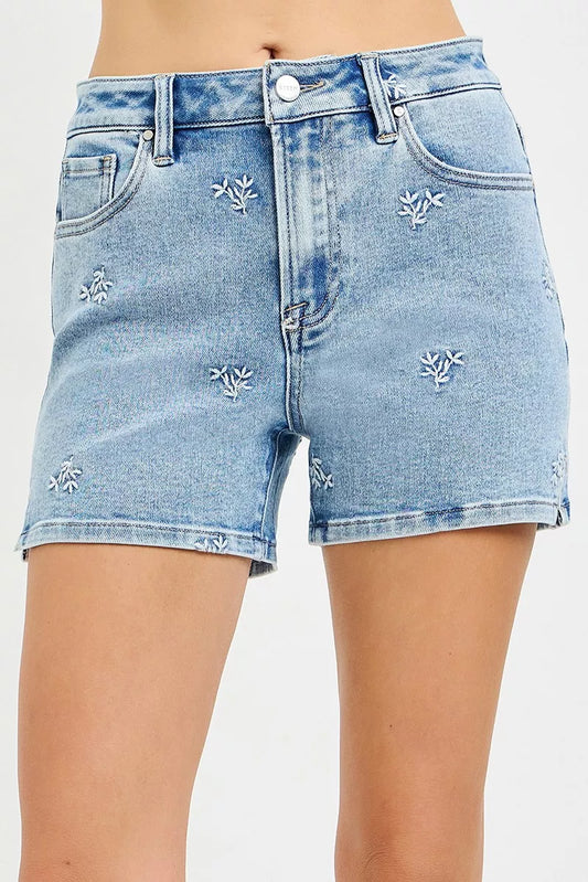 RISEN High Rise Denim Shorts with Embroidered Detail
