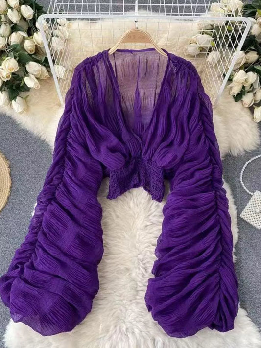 Smocked Ruched Long Sleeve Blouse