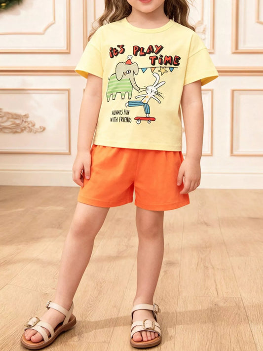 Children's Cartoon Graphic Top and Shorts Set
