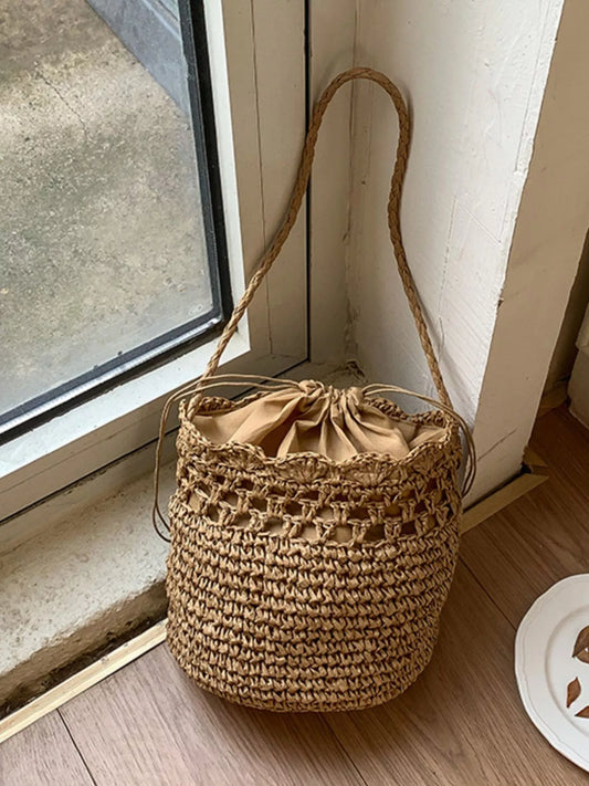 Woven Straw Bucket Shoulder Bag