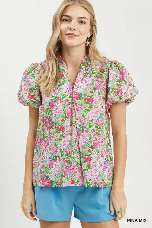 Umgee Floral Puff Sleeve Blouse