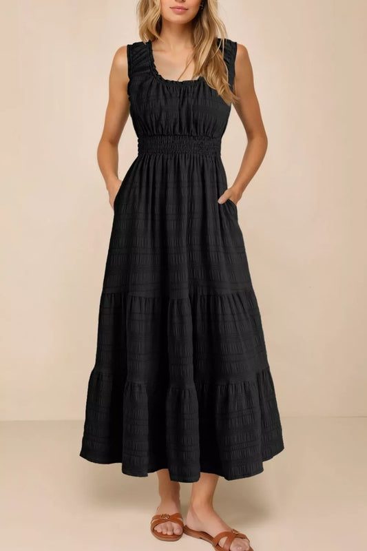 Sleeveless Smocked Tiered Dress with Pockets