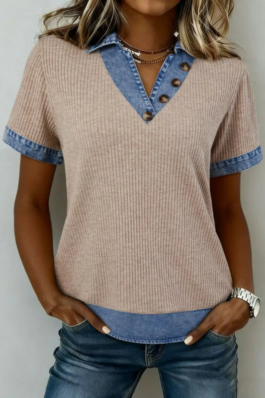 Ribbed Knit Contrast Denim Collar Top