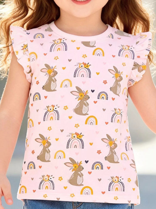 Children's Bunny & Rainbow Print Ruffle Sleeve T-Shirt