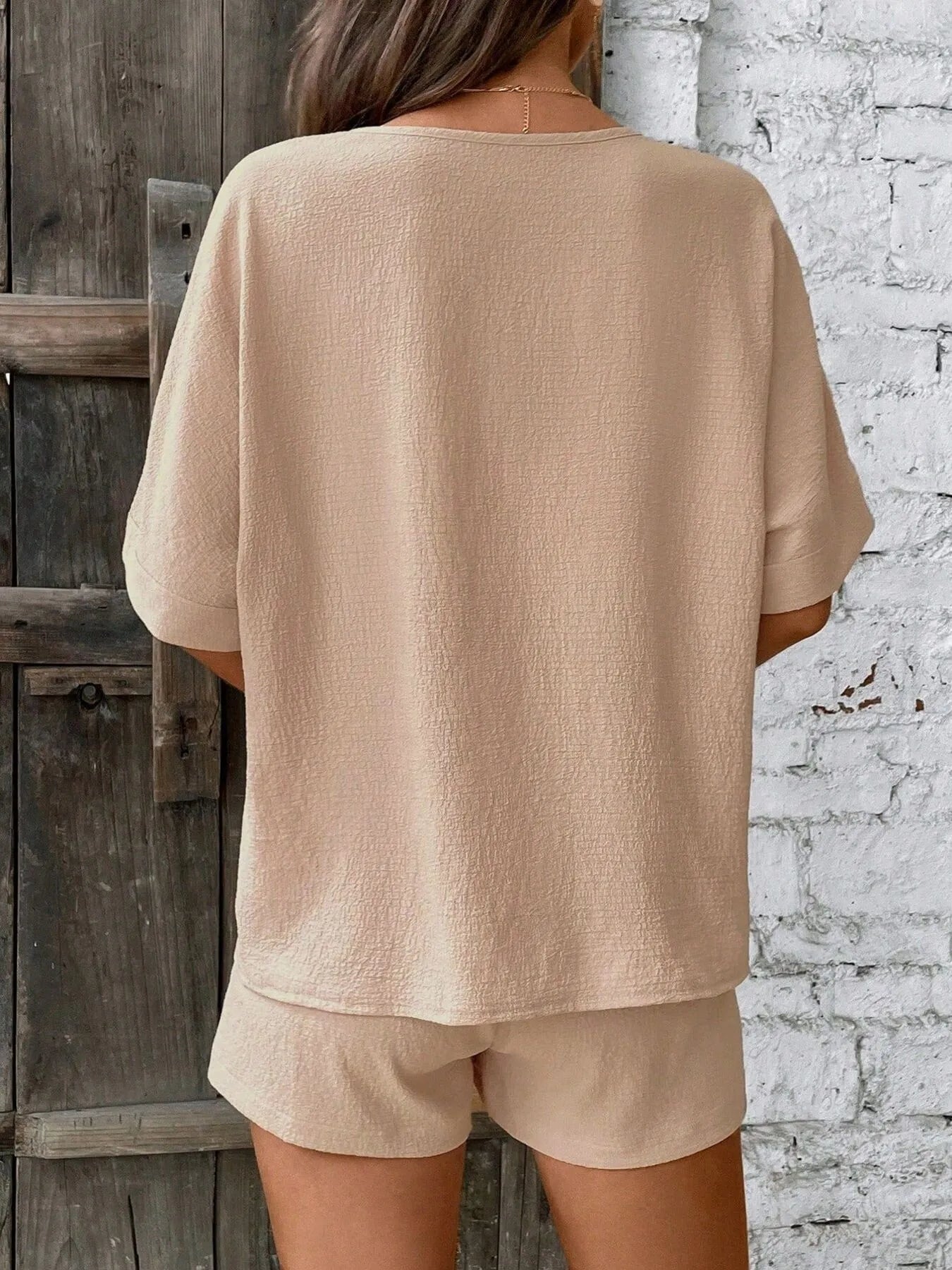 Relaxed Fit V-Neck Top and Shorts Two-Piece Set