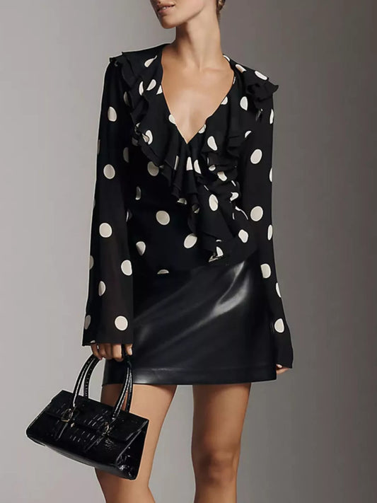 Polka Dot Ruffle V-Neck Blouse